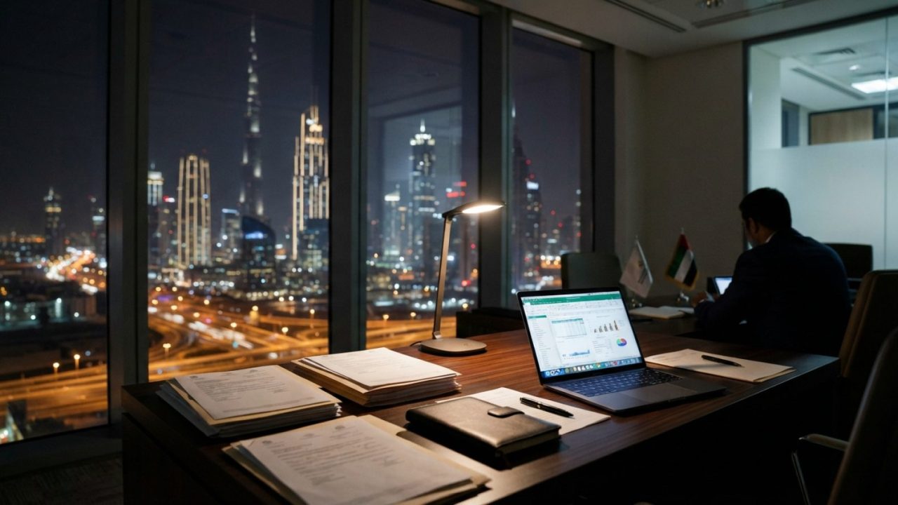 Illustration: A modern corporate office desk in a Dubai high-rise at night, featuring paperwork, a laptop displaying business registration documents,
