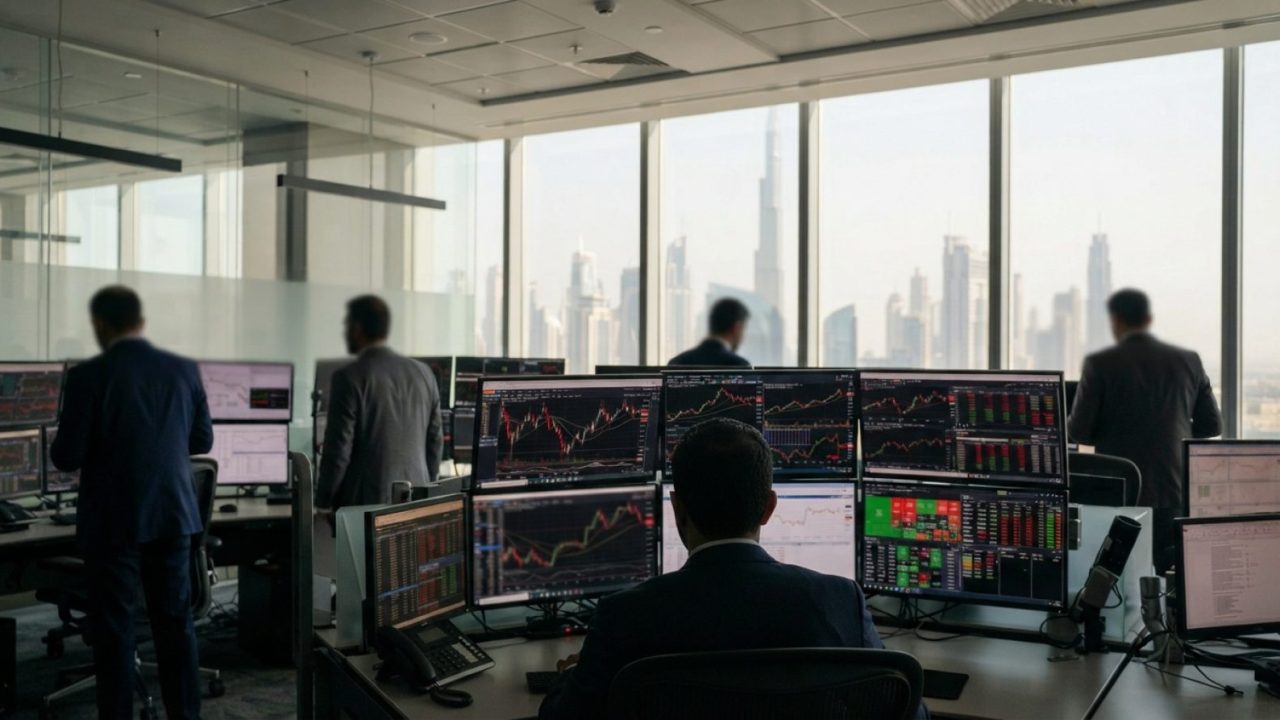 Illustration: Editorial photograph showing modern electronic trading terminal screens and financial stock index charts in a Dubai trading room, with s
