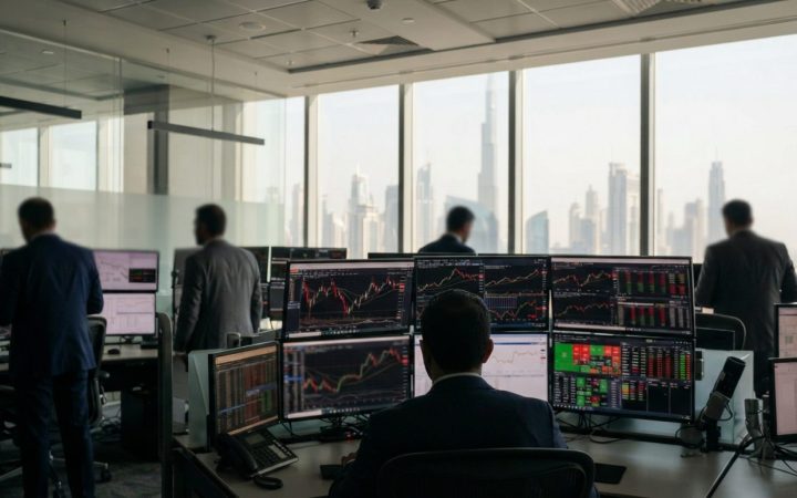 Illustration: Editorial photograph showing modern electronic trading terminal screens and financial stock index charts in a Dubai trading room, with s