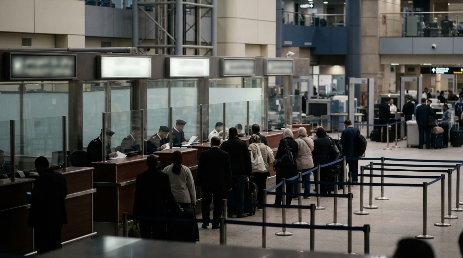 Illustration: Editorial photo showing an international airport border control area in Cairo, with passport check counters, security screening stations