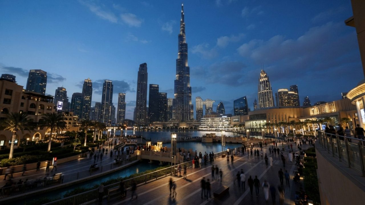 Illustration: An architectural view of the Downtown Dubai skyline at twilight, showcasing illuminated modern commercial high-rises and an expansive op