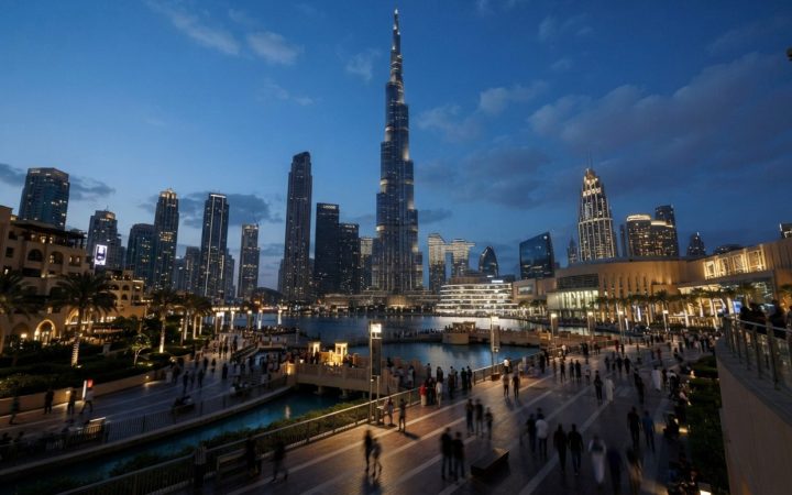 Illustration: An architectural view of the Downtown Dubai skyline at twilight, showcasing illuminated modern commercial high-rises and an expansive op