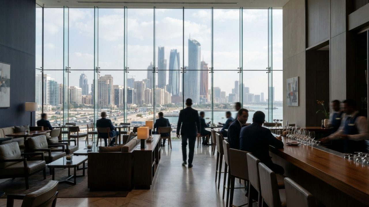 Illustration: A modern luxury hotel lobby and business lounge in the United Arab Emirates with floor-to-ceiling glass windows overlooking modern city