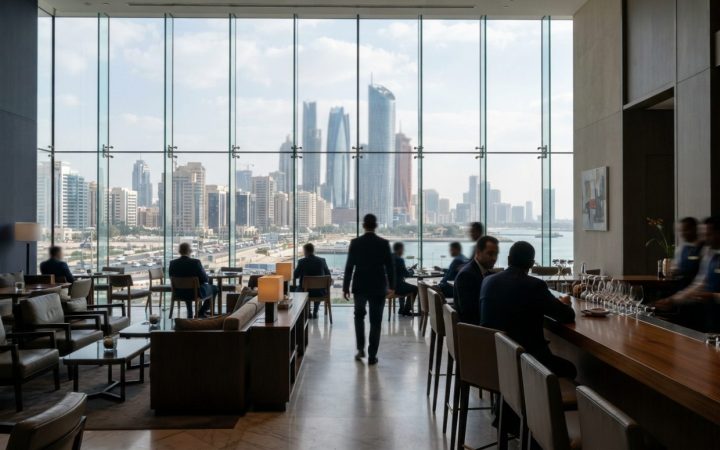 Illustration: A modern luxury hotel lobby and business lounge in the United Arab Emirates with floor-to-ceiling glass windows overlooking modern city