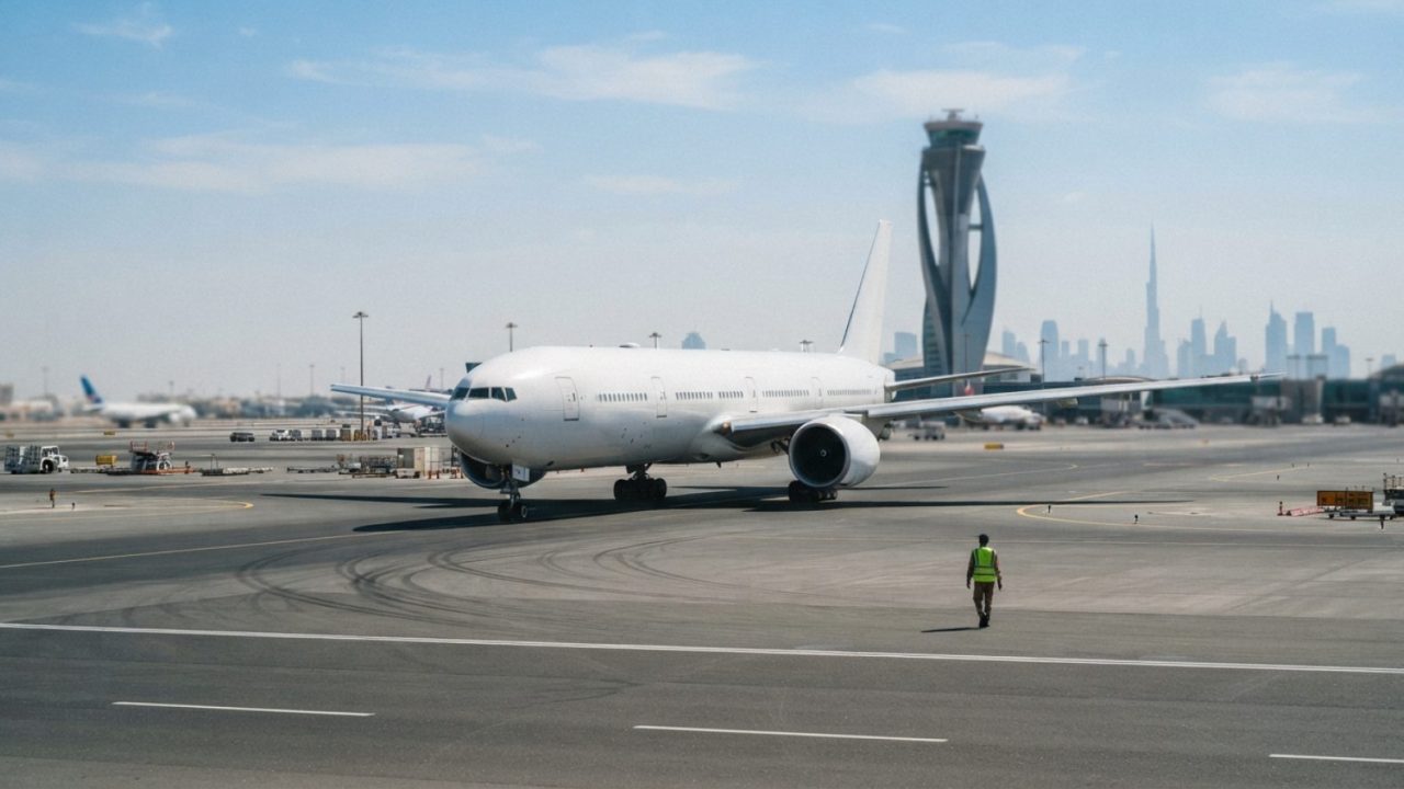 Illustration: A commercial wide-body Boeing 777 passenger aircraft taxiing on an airport tarmac at Dubai International Airport under bright daytime su
