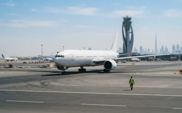 Illustration: A commercial wide-body Boeing 777 passenger aircraft taxiing on an airport tarmac at Dubai International Airport under bright daytime su
