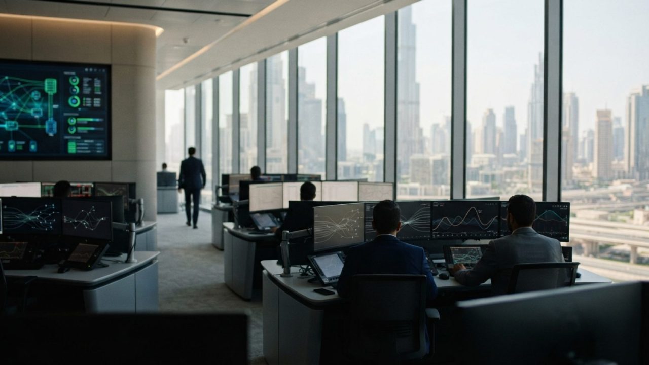 Illustration: A modern bank headquarters interior in Dubai featuring sleek financial trading terminals, server status screens, and an abstract digital