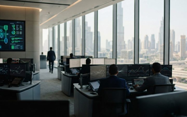 Illustration: A modern bank headquarters interior in Dubai featuring sleek financial trading terminals, server status screens, and an abstract digital