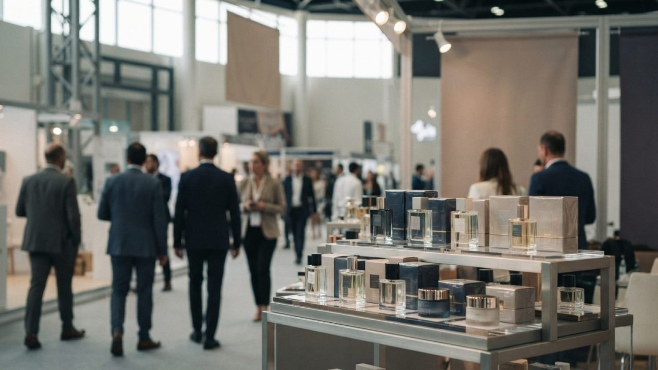 Illustration: A modern, brightly lit exhibition hall showcasing premium perfume bottles and cosmetic displays on sleek stands, with blurred trade visi