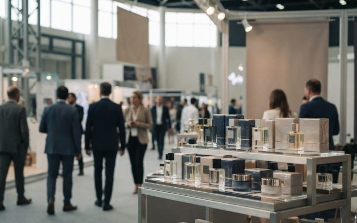 Illustration: A modern, brightly lit exhibition hall showcasing premium perfume bottles and cosmetic displays on sleek stands, with blurred trade visi