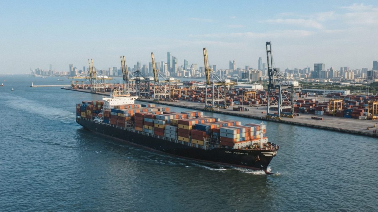Illustration: A modern commercial container vessel loaded with multi-colored shipping containers moving through calm coastal waters near a busy contai