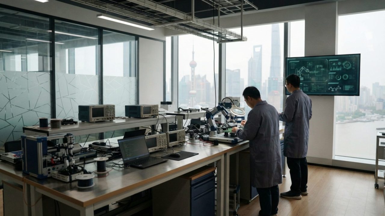 Illustration: A modern high-tech research facility and robotics laboratory interior in a contemporary Shanghai skyscraper, featuring digital screens a
