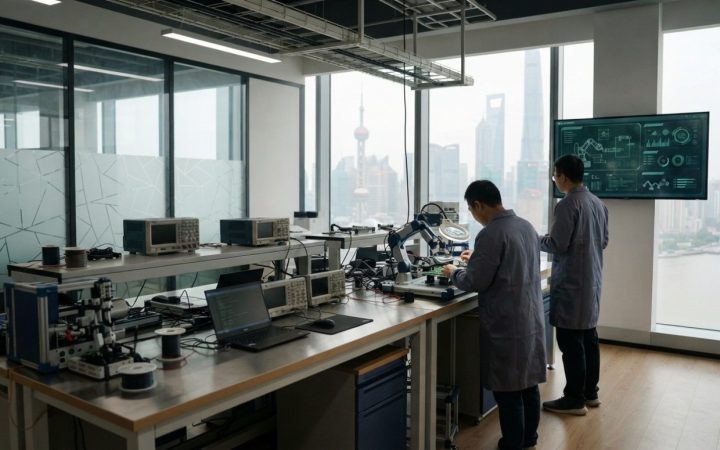 Illustration: A modern high-tech research facility and robotics laboratory interior in a contemporary Shanghai skyscraper, featuring digital screens a