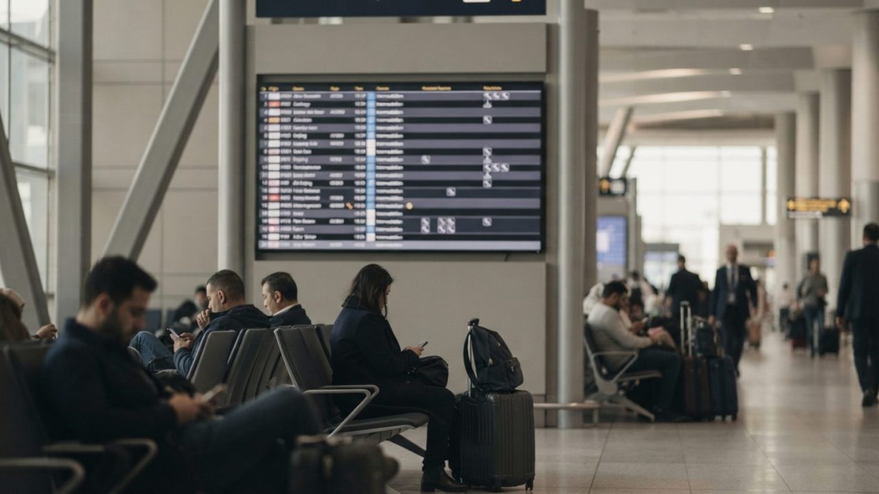 Illustration: An airport flight information display board showing multiple delayed and cancelled flight listings in an international terminal, with tr