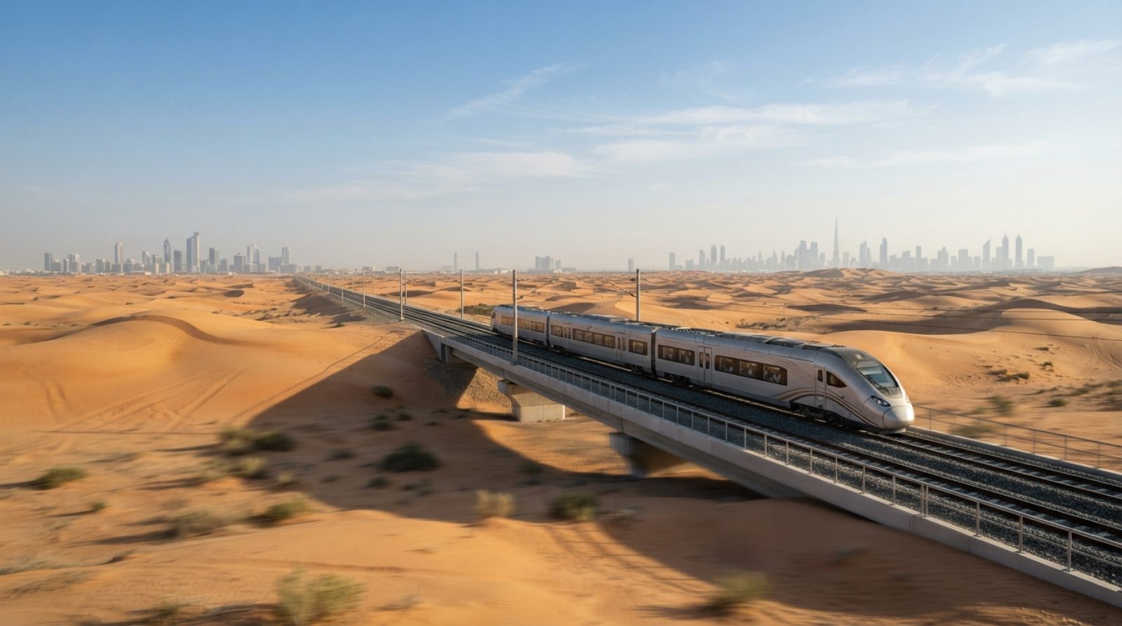 Illustration: A modern passenger train travelling across desert tracks connecting Abu Dhabi and Dubai under a clear morning sky, with sand dunes in th
