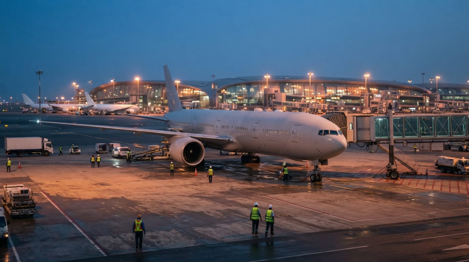 Illustration: A modern commercial passenger airliner parked at an airport gate during twilight, with ground service equipment and illuminated terminal