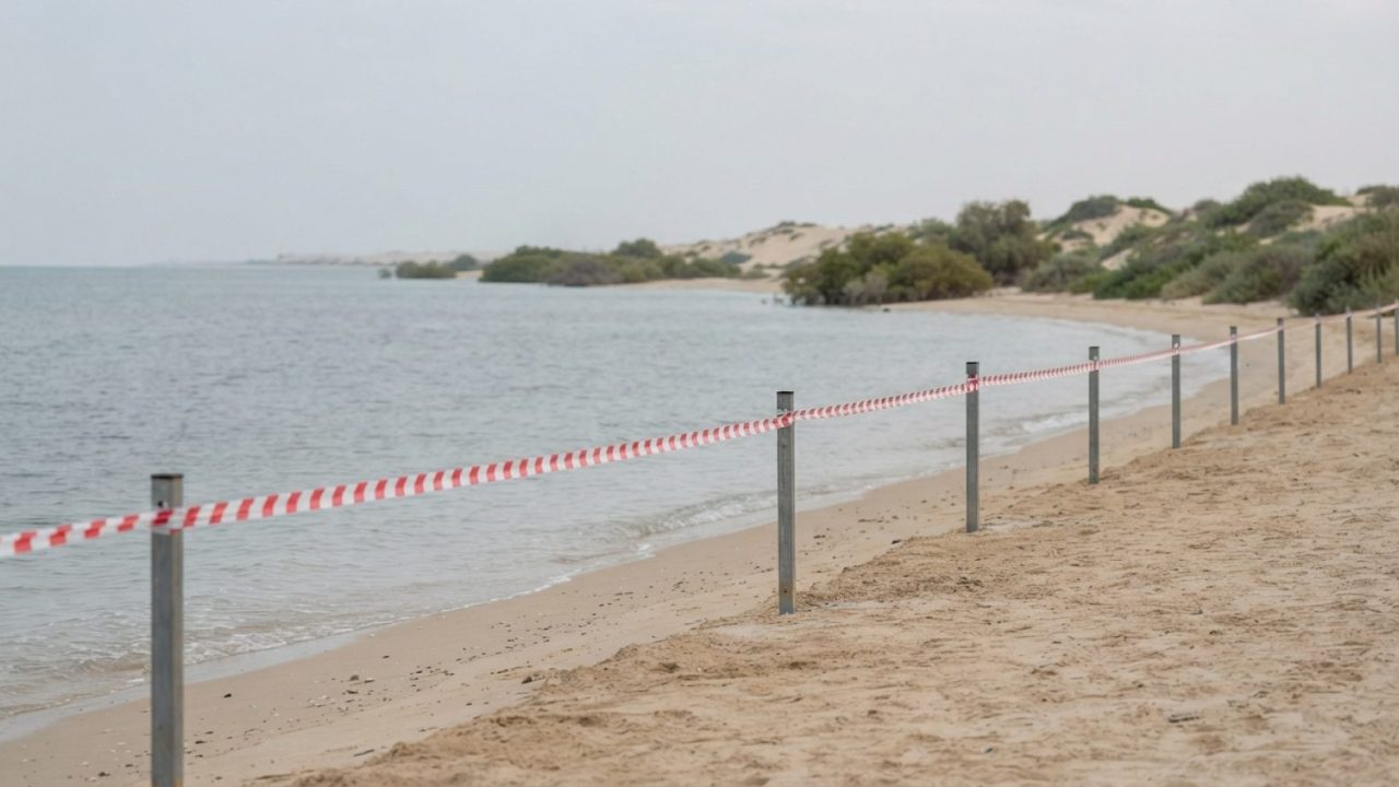 Illustration: A realistic editorial photograph of a tranquil sandy shoreline in the northern United Arab Emirates with coastal fencing and barrier tap