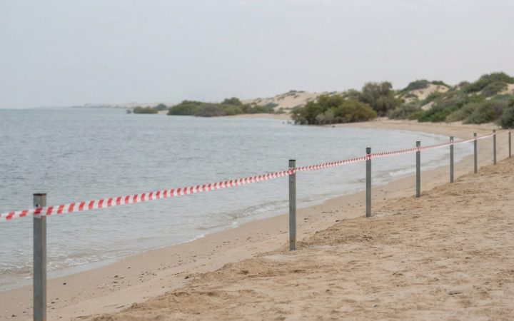 Illustration: A realistic editorial photograph of a tranquil sandy shoreline in the northern United Arab Emirates with coastal fencing and barrier tap