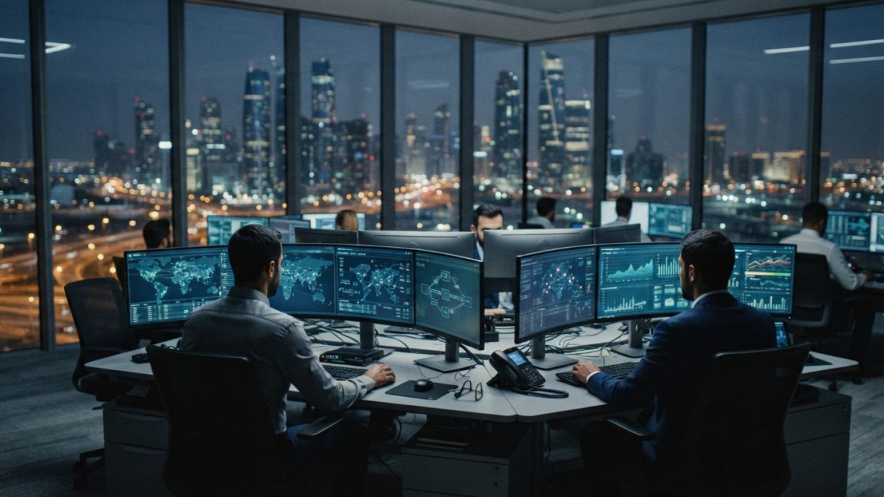 Illustration: A modern digital assets operations centre and trading desk at night, showing multiple large glowing monitors displaying cybersecurity ne