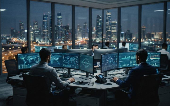 Illustration: A modern digital assets operations centre and trading desk at night, showing multiple large glowing monitors displaying cybersecurity ne