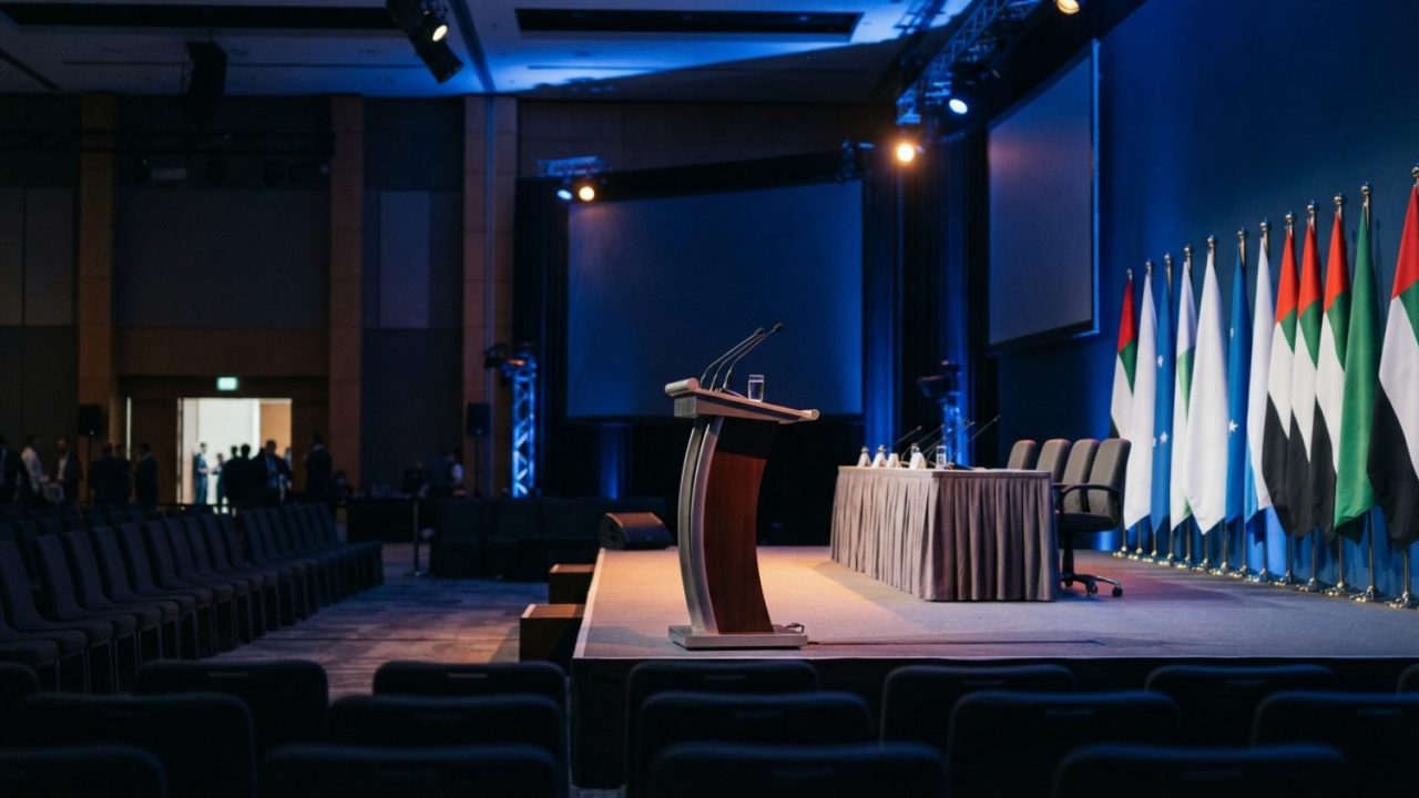 Illustration: An empty modern convention hall stage in Abu Dhabi with dramatic blue and amber stage lighting, professional conference seating, and pod