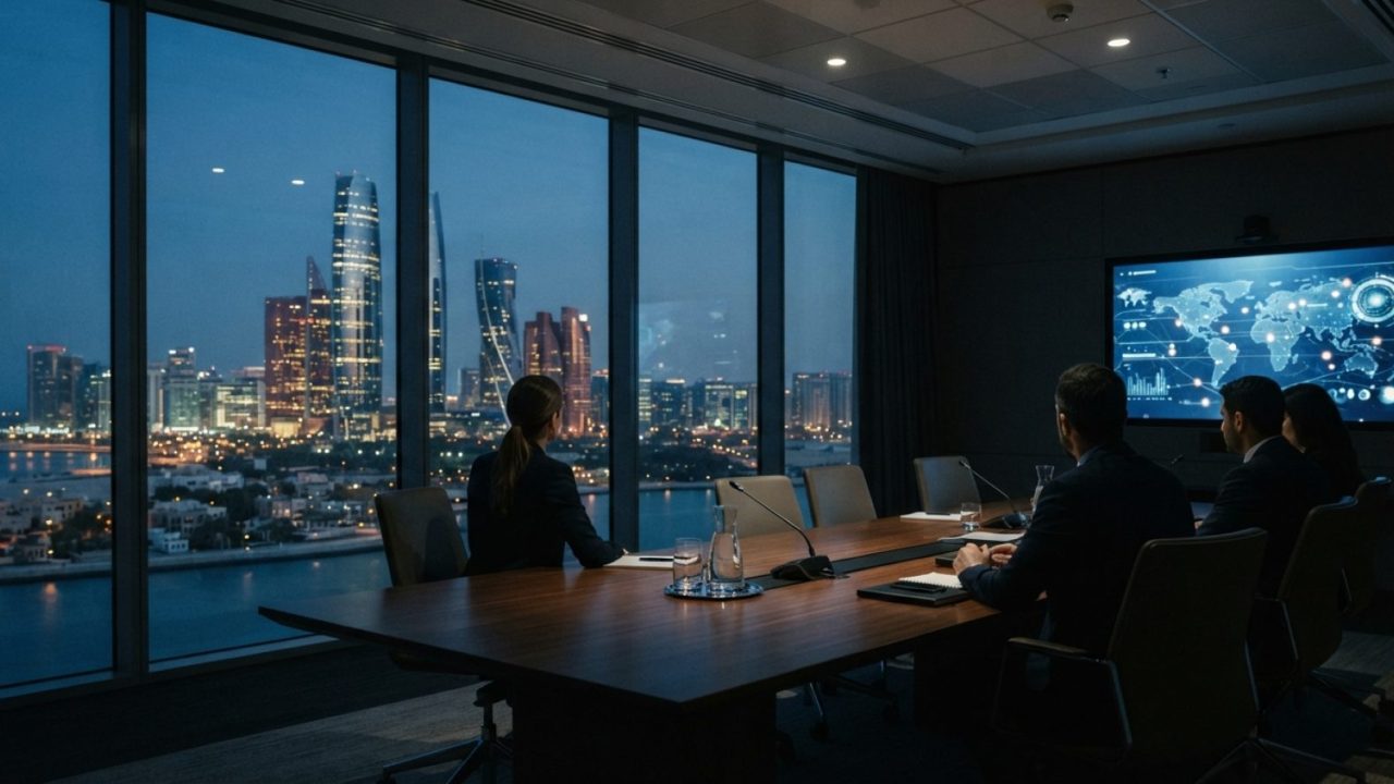 Illustration: A modern executive conference room overlooking the futuristic skyline of Abu Dhabi during twilight, featuring a polished dark wood meeti
