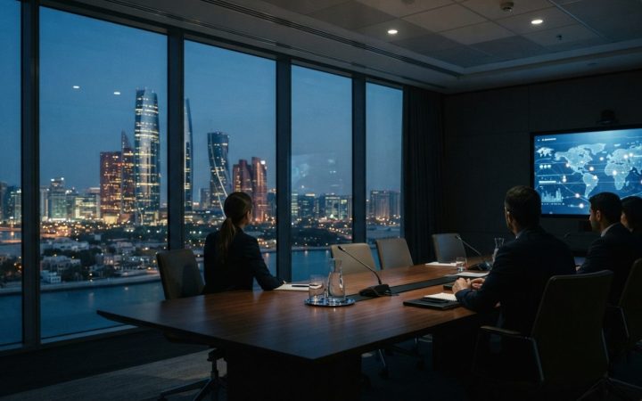 Illustration: A modern executive conference room overlooking the futuristic skyline of Abu Dhabi during twilight, featuring a polished dark wood meeti