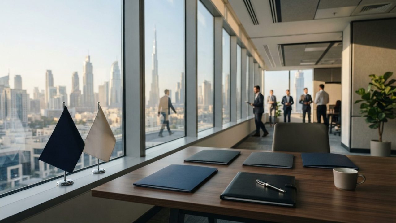 Illustration: A modern corporate office interior in Dubai with large floor-to-ceiling windows overlooking the financial district skyline, featuring a