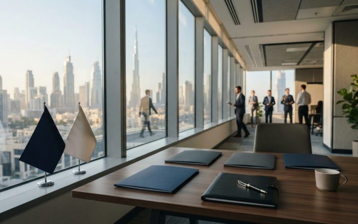 Illustration: A modern corporate office interior in Dubai with large floor-to-ceiling windows overlooking the financial district skyline, featuring a