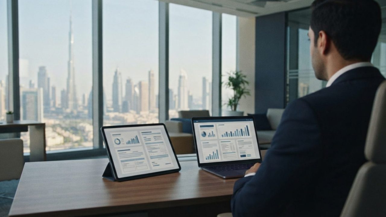 Illustration: A modern, bright professional office desk in Dubai with a tablet and laptop displaying structured visa documents and cost calculation ch