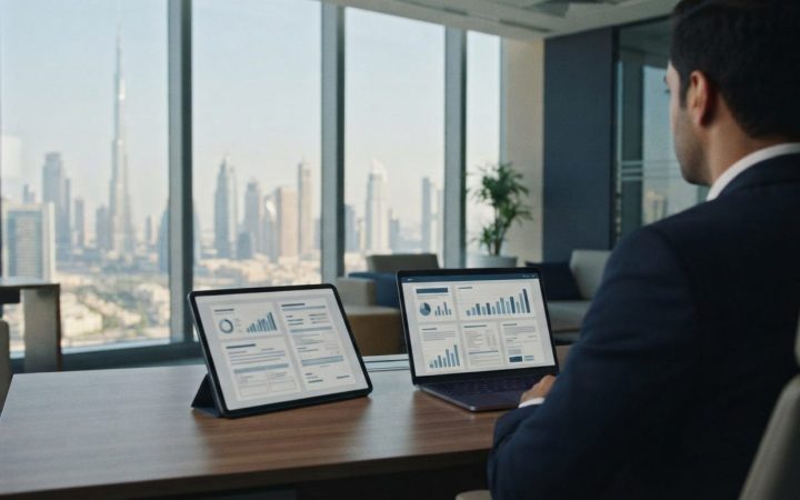 Illustration: A modern, bright professional office desk in Dubai with a tablet and laptop displaying structured visa documents and cost calculation ch