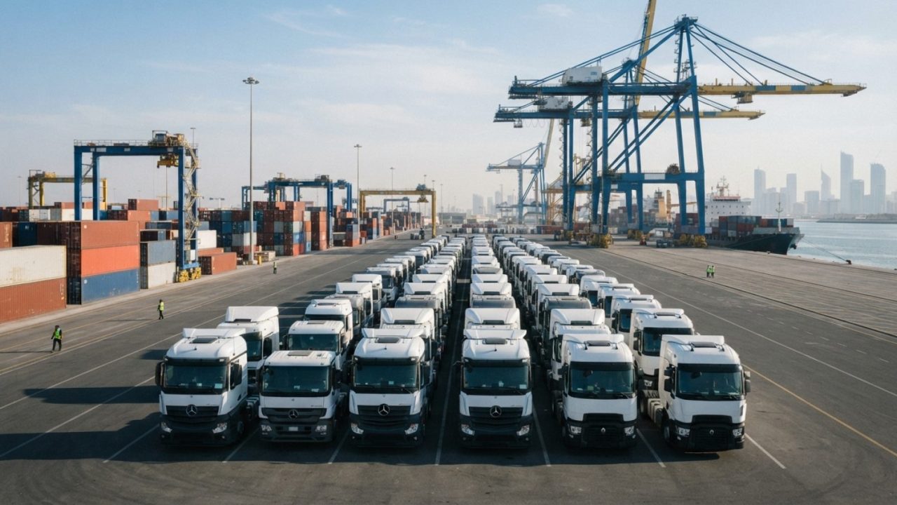 Illustration: A fleet of modern heavy-duty commercial cargo trucks parked neatly in rows at a sunlit industrial port terminal in the United Arab Emira