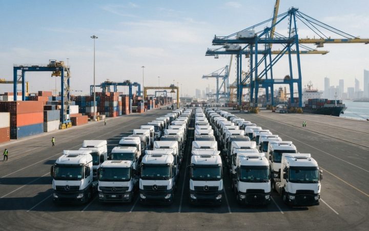 Illustration: A fleet of modern heavy-duty commercial cargo trucks parked neatly in rows at a sunlit industrial port terminal in the United Arab Emira