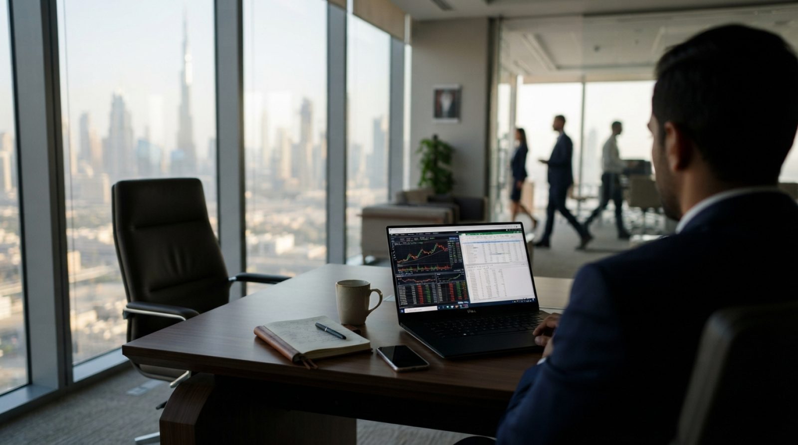 Illustration: A modern corporate office desk in Dubai with a laptop displaying financial charts and digital compliance spreadsheets, soft morning sunl