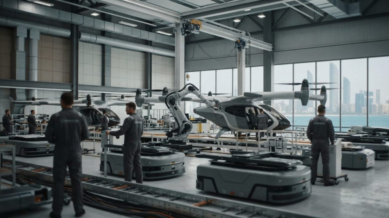 Illustration: High-tech manufacturing factory assembly hall producing futuristic modular electric vertical takeoff and landing personal aircraft, with