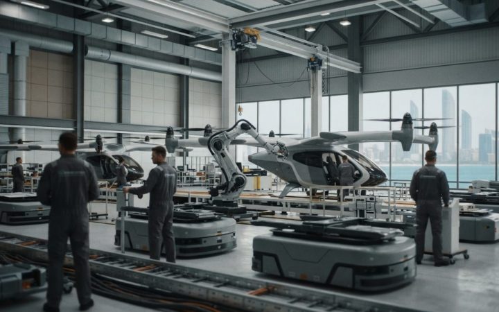 Illustration: High-tech manufacturing factory assembly hall producing futuristic modular electric vertical takeoff and landing personal aircraft, with