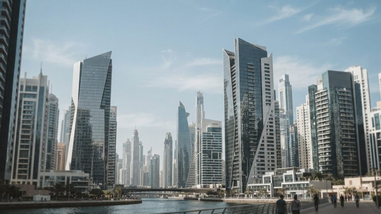 Illustration: Modern financial district architectural skyline in Dubai featuring sleek glass corporate bank towers reflecting bright daylight under a