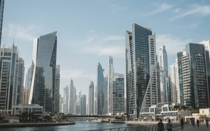 Illustration: Modern financial district architectural skyline in Dubai featuring sleek glass corporate bank towers reflecting bright daylight under a