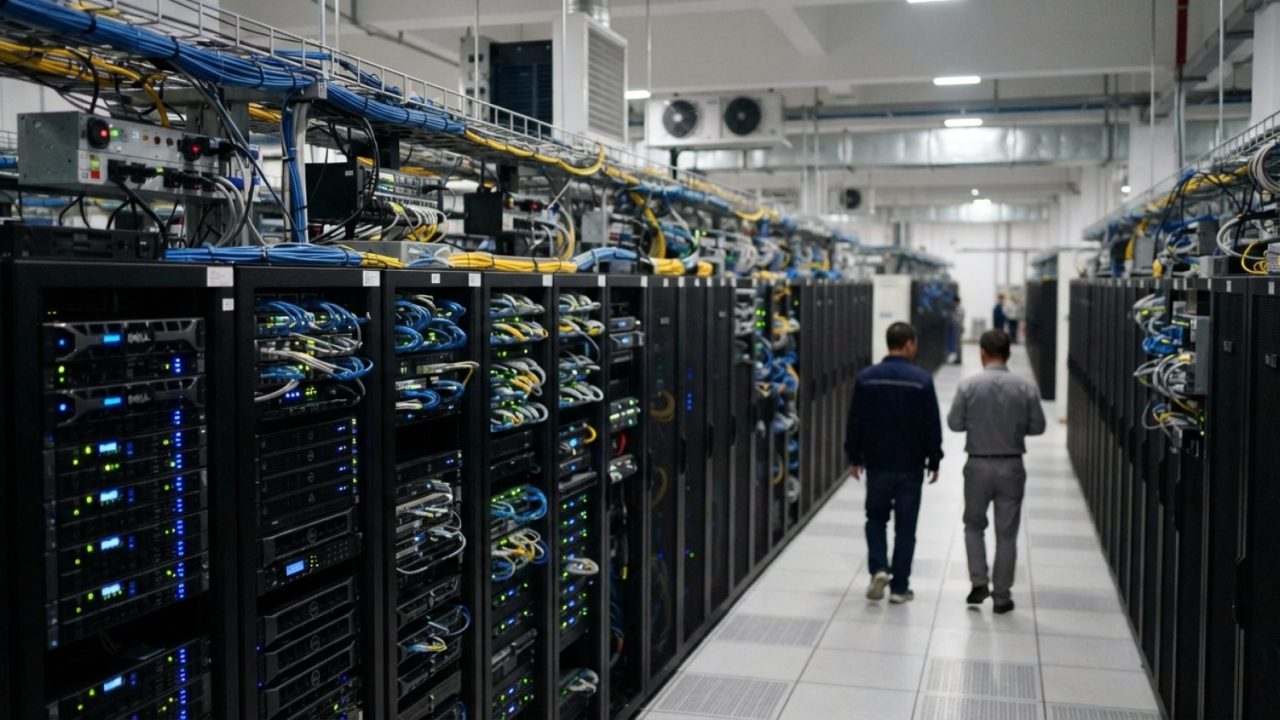 Illustration: Editorial photograph showing rows of high-density computing servers and cooling equipment inside a modern data center in China, featurin
