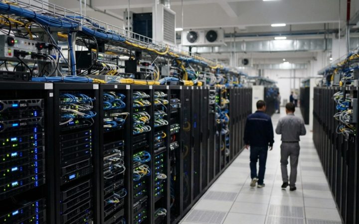 Illustration: Editorial photograph showing rows of high-density computing servers and cooling equipment inside a modern data center in China, featurin