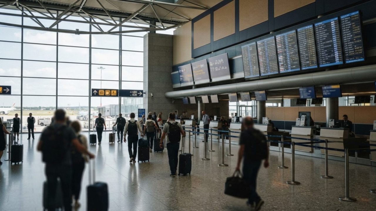 Illustration: A modern, bright international airport departure terminal with travellers walking toward check-in counters and electronic departure boar