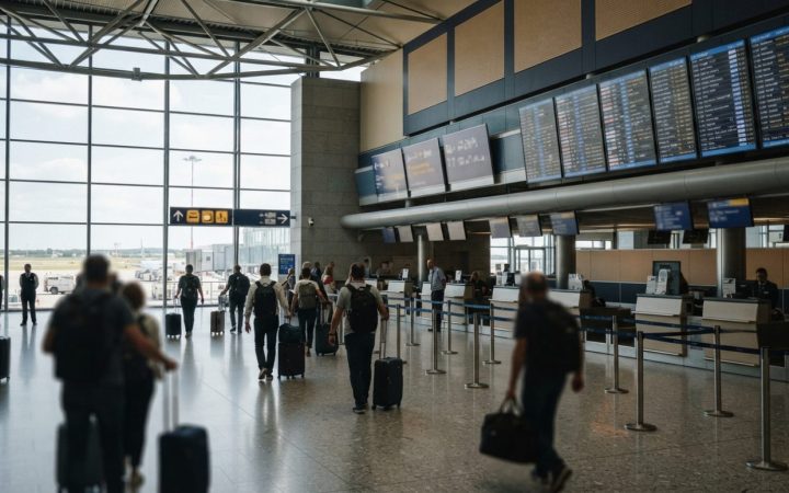 Illustration: A modern, bright international airport departure terminal with travellers walking toward check-in counters and electronic departure boar