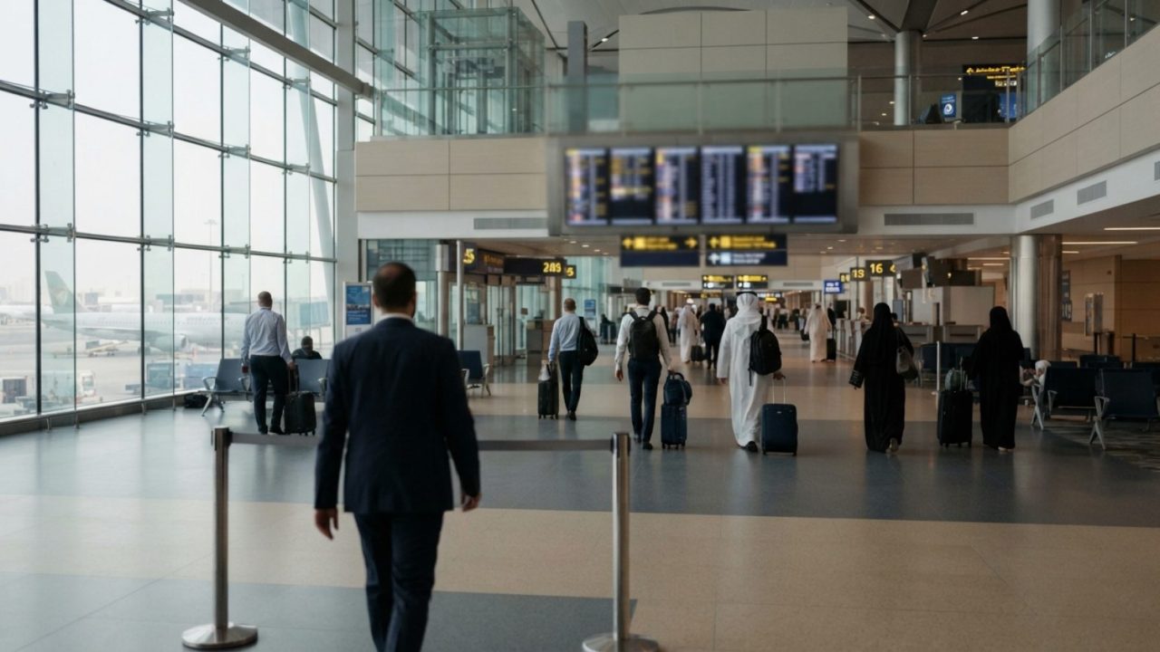 Illustration: Editorial photograph showing passengers walking past international departure gates and flight information boards at a modern airport ter
