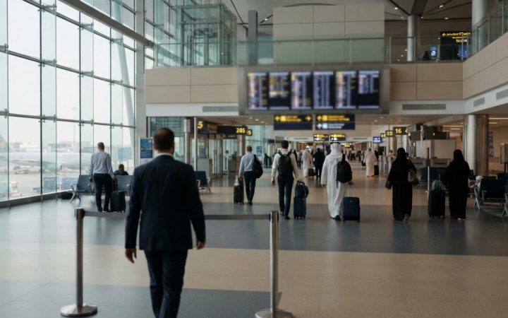 Illustration: Editorial photograph showing passengers walking past international departure gates and flight information boards at a modern airport ter