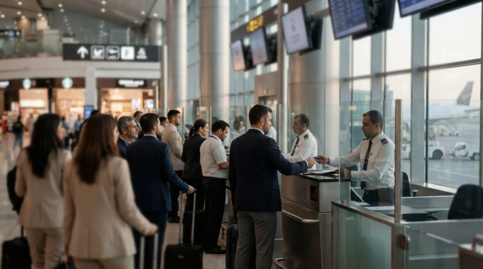 Illustration: Editorial photograph showing international airport departure gates and passport control desks with travellers holding passports, soft na