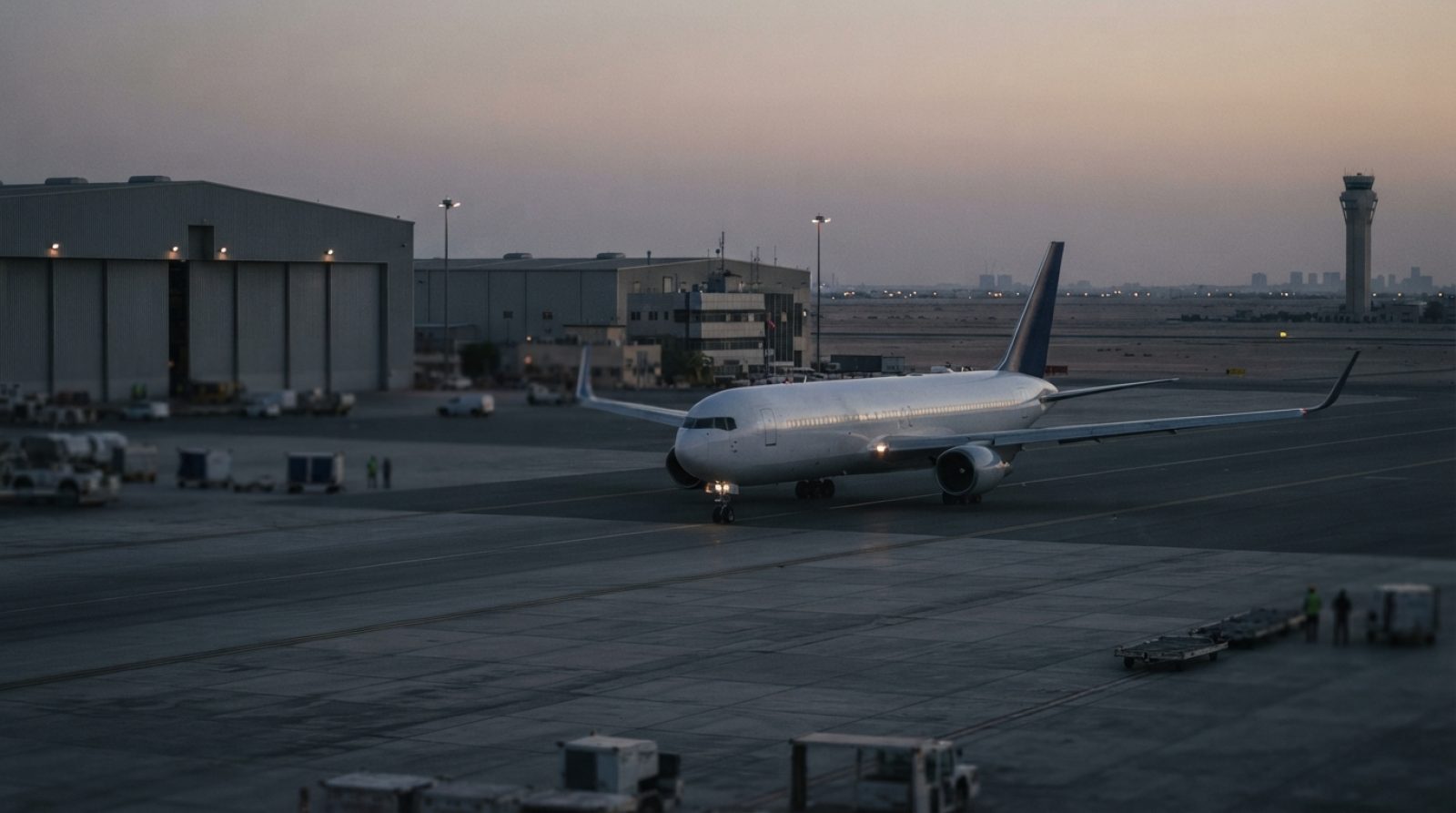 Illustration: A commercial passenger airliner taxiing slowly along a desert runway apron at twilight, with distant airport hangars and blurred ground
