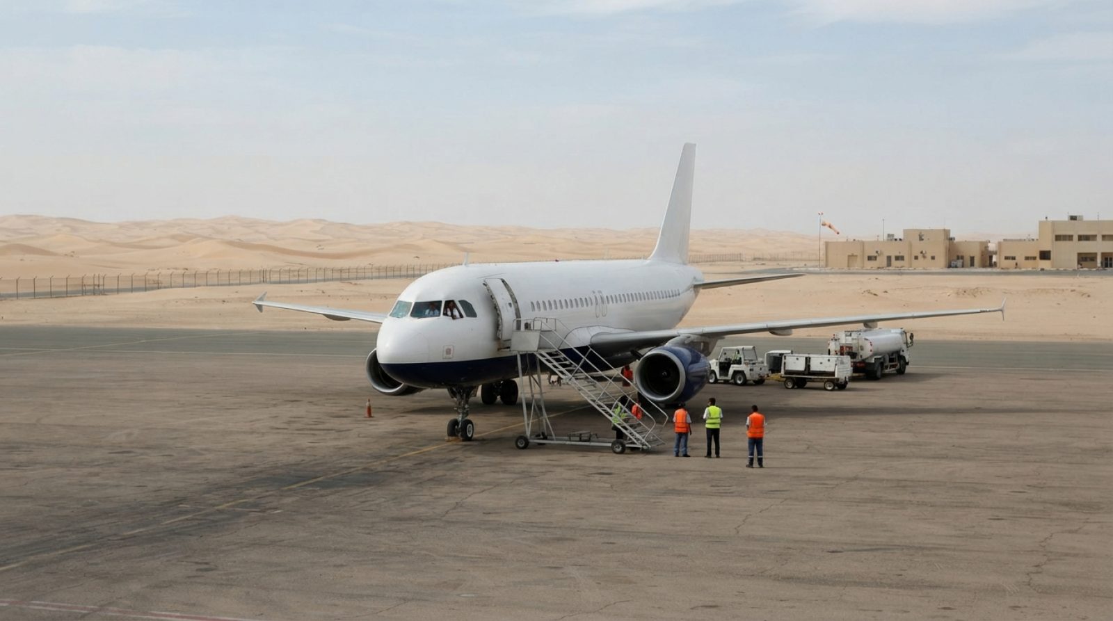 Illustration: A commercial passenger twin-engine airliner parked on a quiet airport tarmac in a desert landscape under daylight, with mobile stairs an