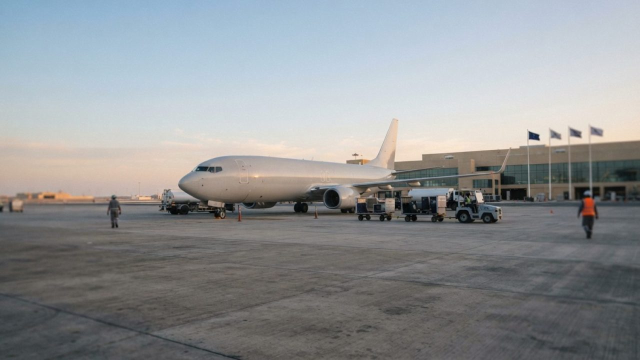 Illustration: A modern commercial jet airliner stationary on a wide airport apron at sunrise, with luggage trailers and ground service vehicles nearby