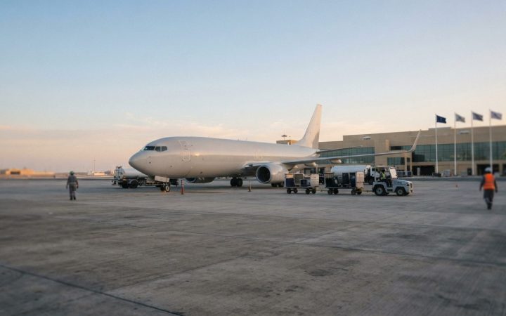 Illustration: A modern commercial jet airliner stationary on a wide airport apron at sunrise, with luggage trailers and ground service vehicles nearby