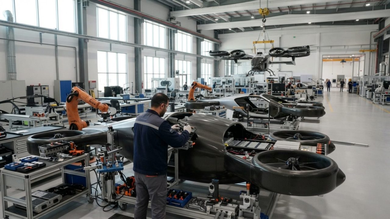 Illustration: A modern advanced manufacturing assembly line producing futuristic electric vertical takeoff and landing aircraft modules in a clean, hi